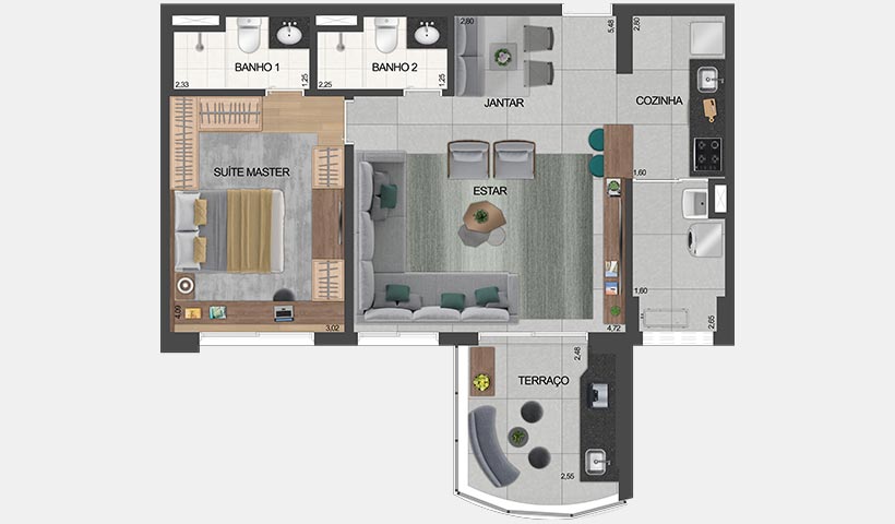 air brooklin – planta do apto. de 1 suíte opção 66 m² privativos com living ampliado e sugestão de decoração - final 5