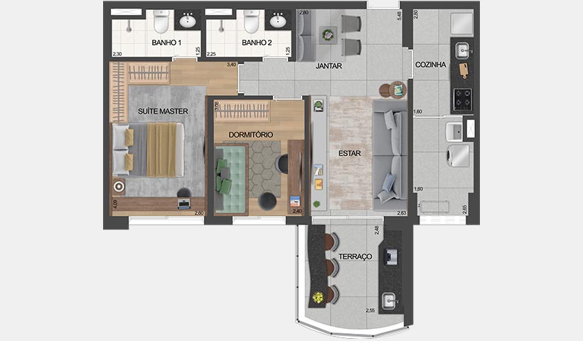 air brooklin – planta do apto. de 1 suíte e 1 dorm. tipo 66 m² privativos com sugestão de decoração - final 5