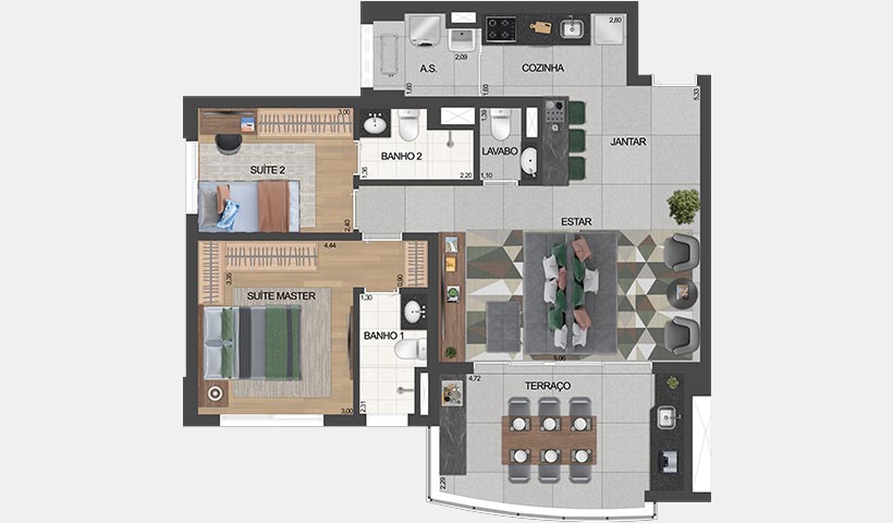 air brooklin – planta do apto. de 2 suítes opção 81 m² privativos com living ampliado e sugestão de decoração - final 2