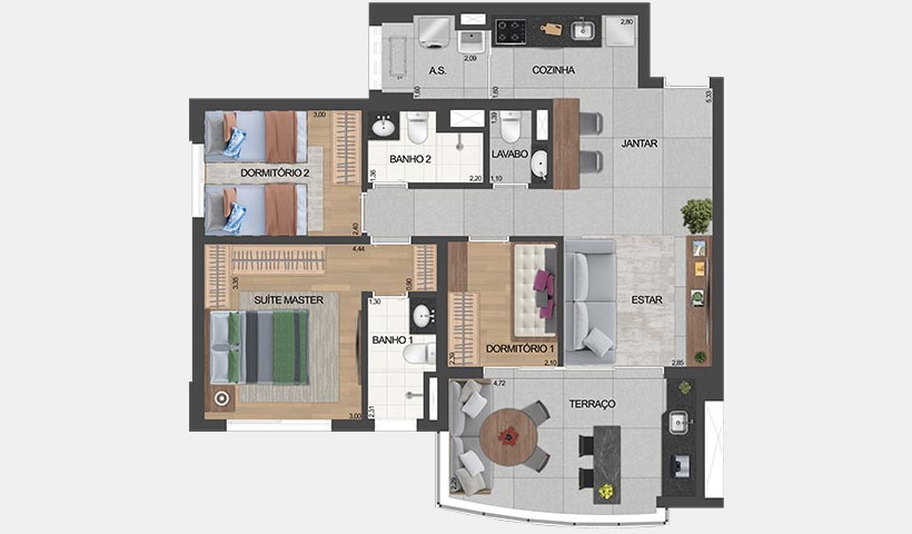 air brooklin – planta do apto. de 1 suíte e 2 dorms. tipo 81 m² privativos com sugestão de decoração - final 2