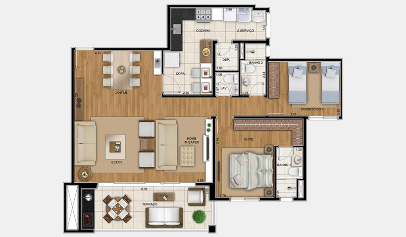 Chateau Monet – Planta 105 m² 2 dorms.