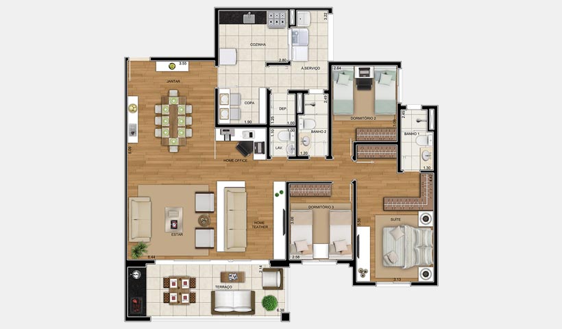 Chateau Monet – Planta 131 m² 3 dorms.
