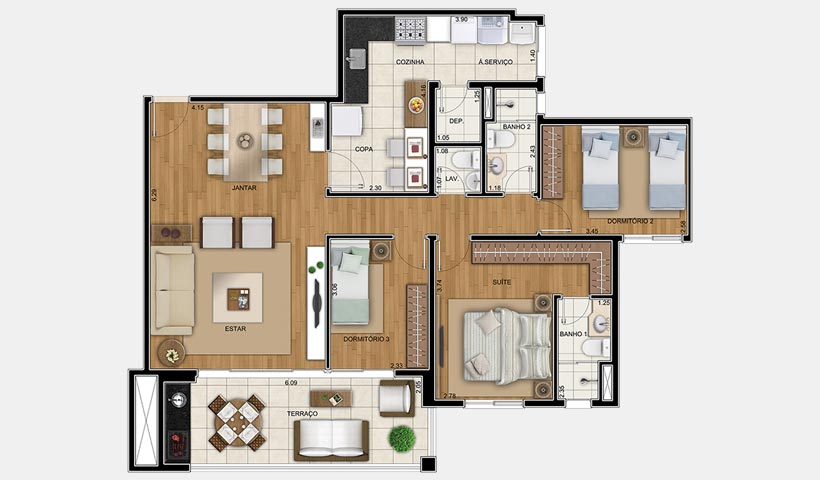 Chateau Monet – Planta 105 m² 3 dorms.