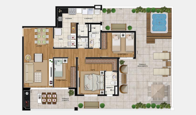 Chateau Monet – Planta térreo 105 m² 3 dorms.