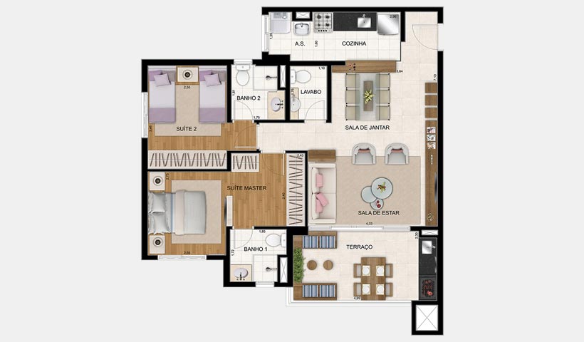 Botânica – Planta closet ampliado de 86 m² 2 suítes