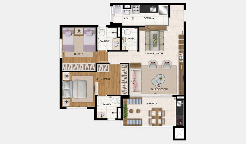 Jardim – Planta 86 m² 2 suítes - 1