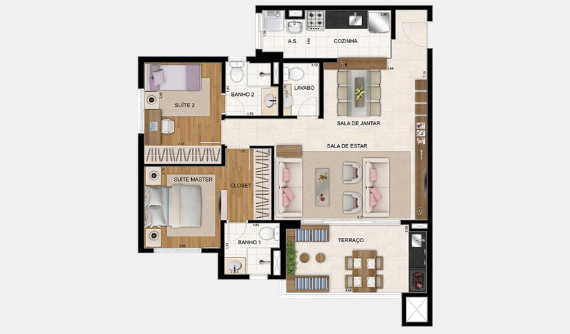 Jardim – Planta 86 m² 2 suítes - 3