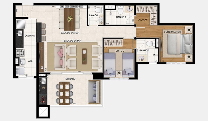 Jardim – Planta 86 m² 2 suítes - 1