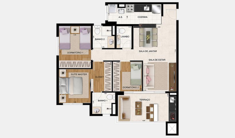 Jardim – Planta 86 m² 3 Dorms.