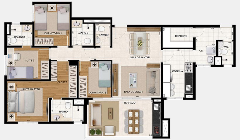 Jardim – Planta 122 m² 4 Dorms.