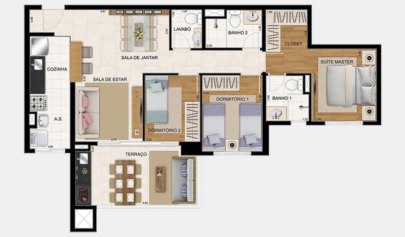 Jardim – Planta 86 m² 3 Dorms.