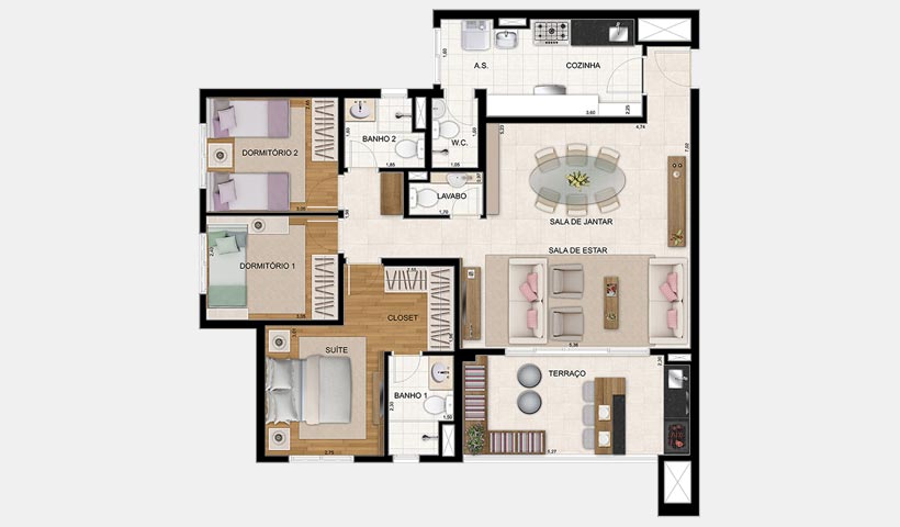 Praça – Planta 106 m² 3 Dorms.