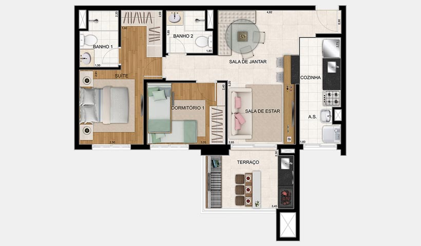 Praça – Planta 68 m² 2 Dorms.