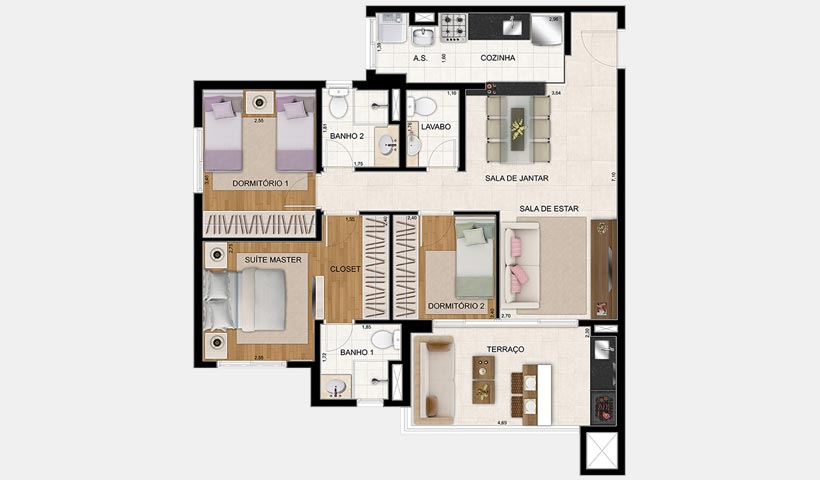 Praça – Planta 86 m² 3 Dorms.