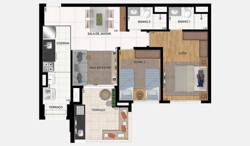 Clima São Francisco – Planta de 66 m² 2 Dorms.