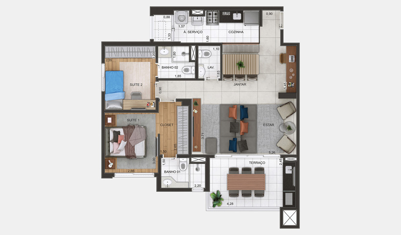 Gran Maia Piazza – Planta Opção do Apto. de 88 m²