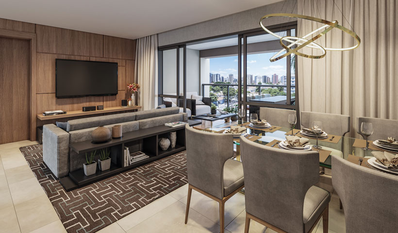 Haute Ibirapuera – living de 136 m² com sugestão de decoração (opção ampliada)