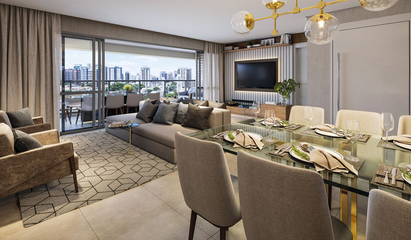 Haute Ibirapuera – living de 156 m² com sugestão de decoração (opção ampliada)