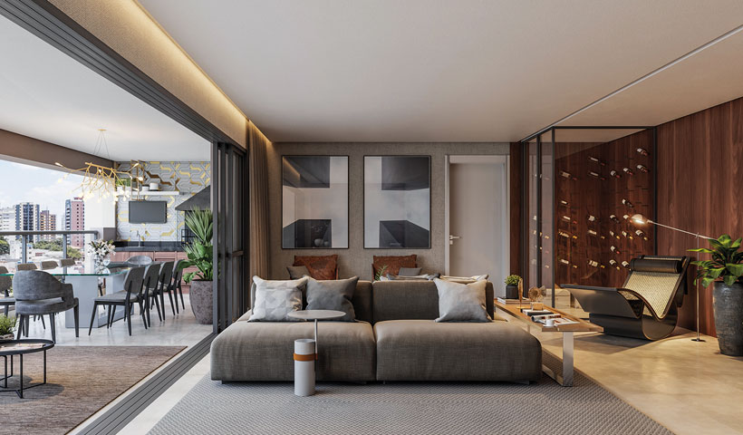 Haute Ibirapuera – living de 181 m² com sugestão de decoração (opção ampliada)