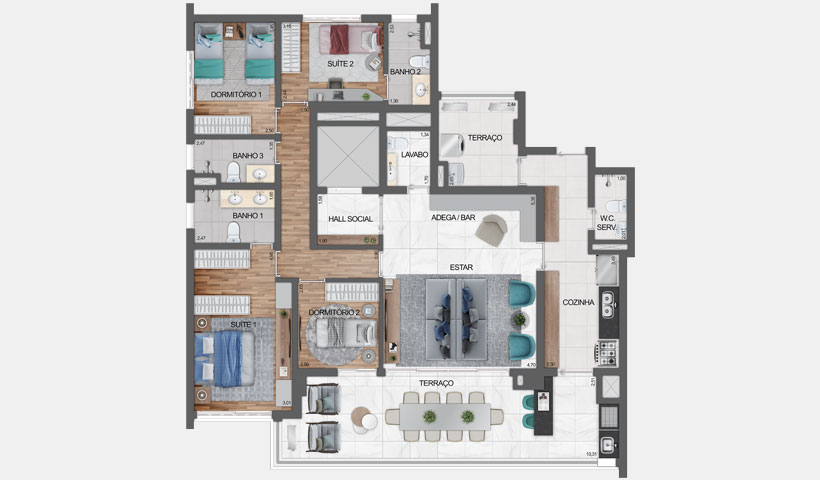 Haute Ibirapuera – planta tipo do apartamento de 156 m² privativos com sugestão de decoração - final 2 – 4 dorms (2 suítes)