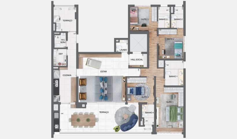 Haute Ibirapuera – planta tipo do apartamento de 181 m² privativos com sugestão de decoração - final 1 – 4 suítes