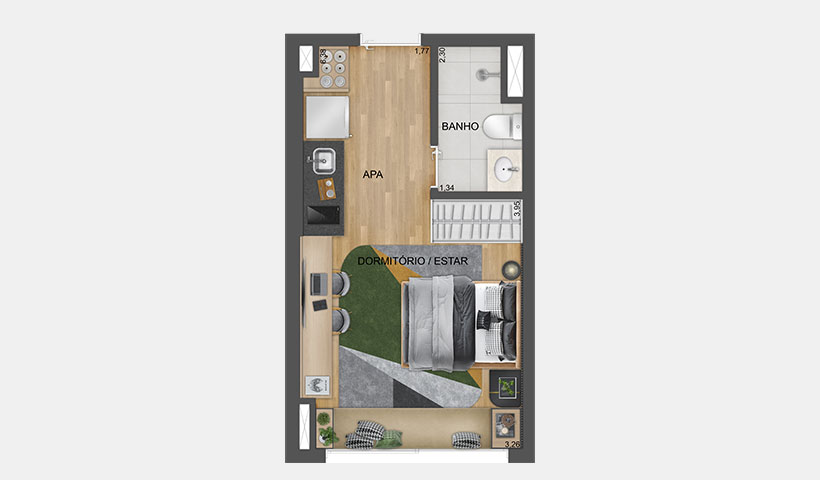 Hub Brooklin – Planta do Studio HIS de 25 m²