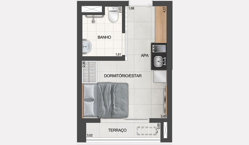 ID Jauperi – planta studio de 20 m² com sugestão de decoração final 02 - NÃO RESIDENCIAL