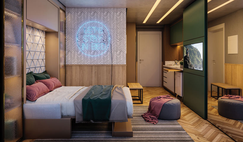 PERSPECTIVA ILUSTRADA DO LIVING DO STUDIO NÃO RESIDENCIAL DE 23,17M² COM SUGESTÃO DE DECORAÇÃO - FINAL 01