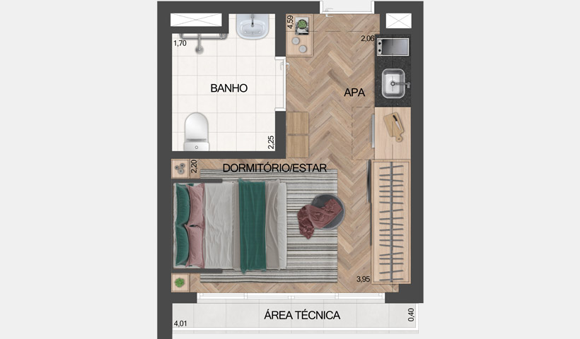 ID Lisboa – planta do studio não residencial de 23,17m² com sugestão de decoração - final 01