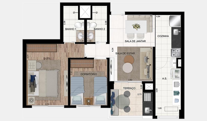 In Design Liberdade – Planta de 65 m² 2 dorms.