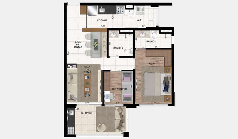 In Design Liberdade – Planta de 70 m² 2 dorms.