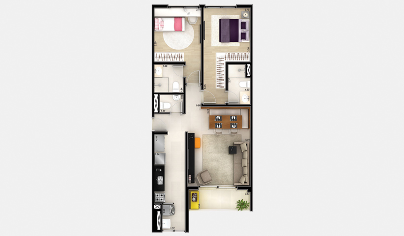 Jardins do Brasil Abrolhos – Planta 76 m² 2 Dorms.