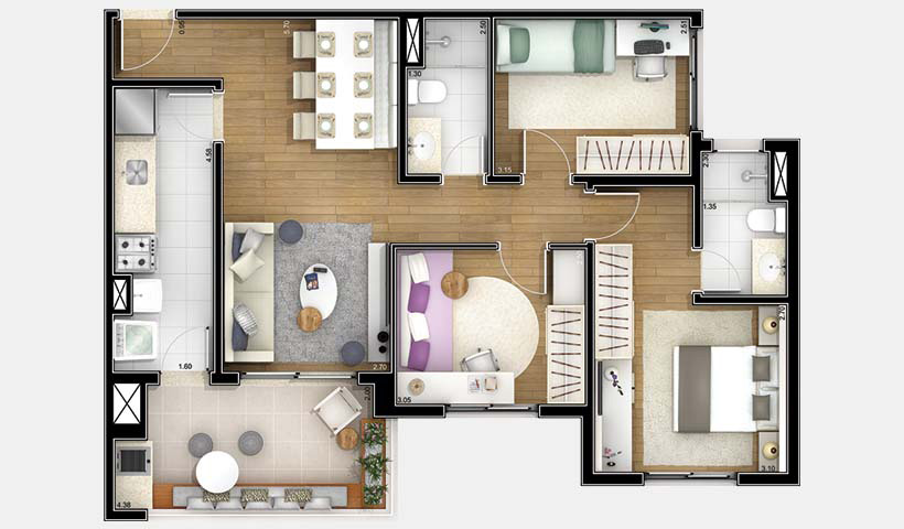 Jardins do Brasil Abrolhos – Planta 81 m² 3 Dorms.