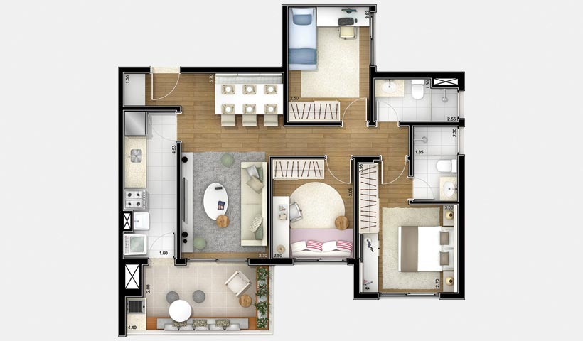 Jardins do Brasil Abrolhos – Planta 83 m² 3 Dorms.