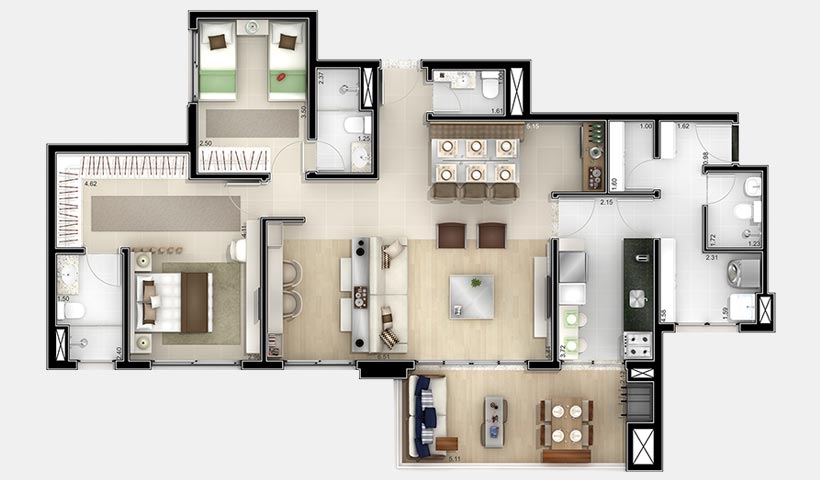 Jardins do Brasil Amazônia – Planta 116 m² 2 dorms.