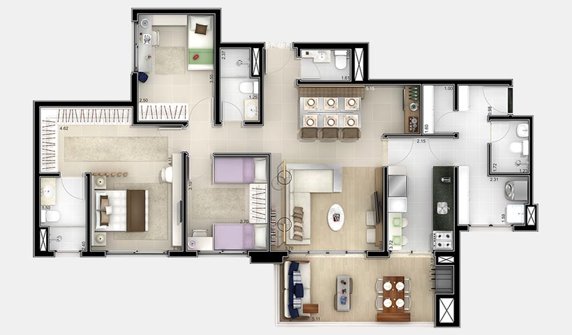 Jardins do Brasil Amazônia – Planta 116 m² 3 dorms.