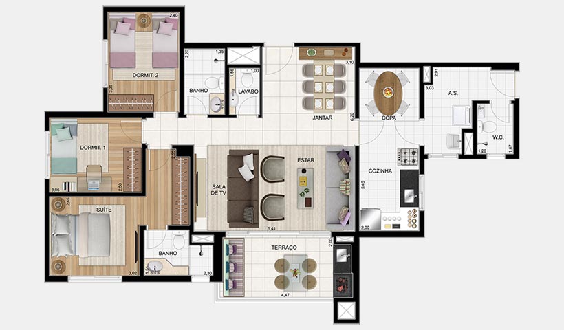 Jardins do Brasil Atlântica – Planta 110 m² 3 dorms.