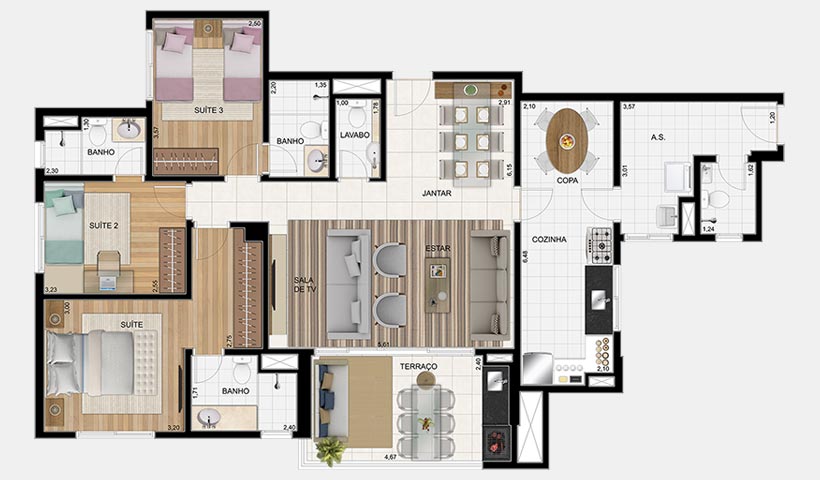 Jardins do Brasil Atlântica – Planta 125 m² 3 dorms.