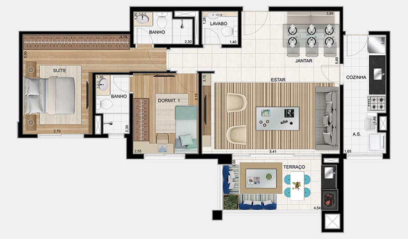 Jardins do Brasil Atlântica – Planta 90 m² 2 dorms.