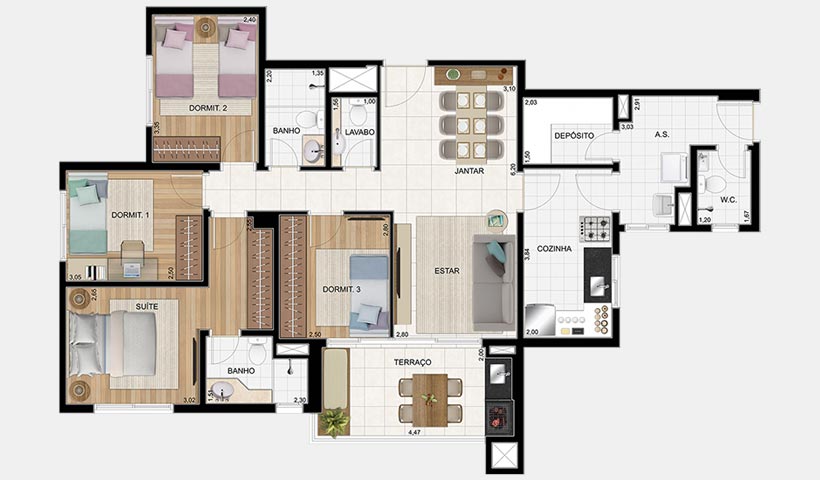 Jardins do Brasil Atlântica – Planta 110 m² 4 dorms.
