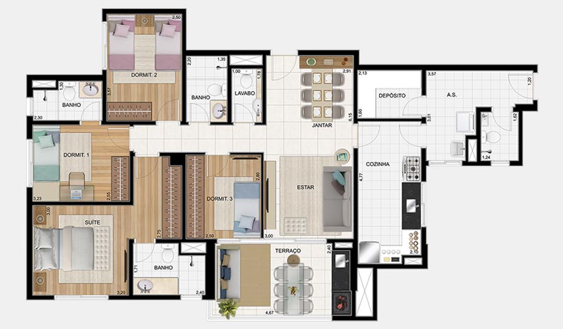 Jardins do Brasil Atlântica – Planta 125 m² 4 dorms.