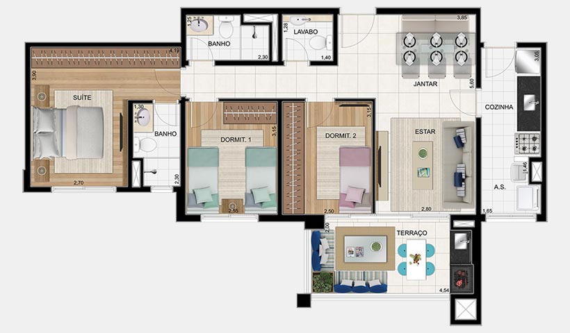 Jardins do Brasil Atlântica – Planta tipo 90 m² 3 dorms.