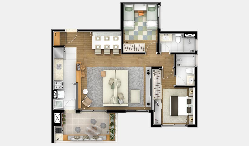 Jardins do Brasil Mantiqueira – Planta 83 m² 2 Dorms.