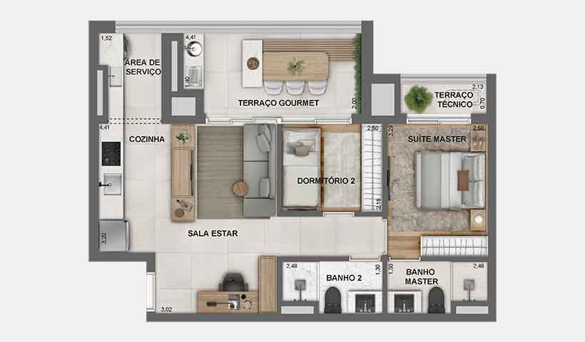 Jota Vila Mariana – Planta de 66 m² com sugestão de decoração