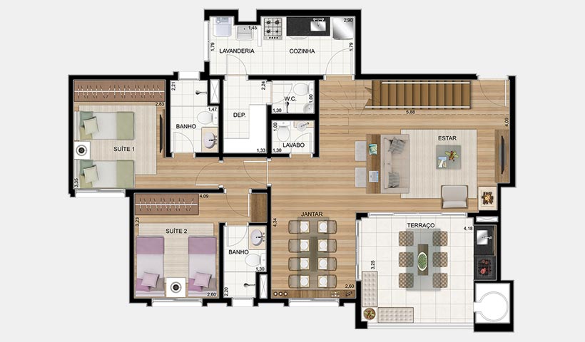 Le Premier Campos do Jordão – Planta inferior da penthouse 158 m²