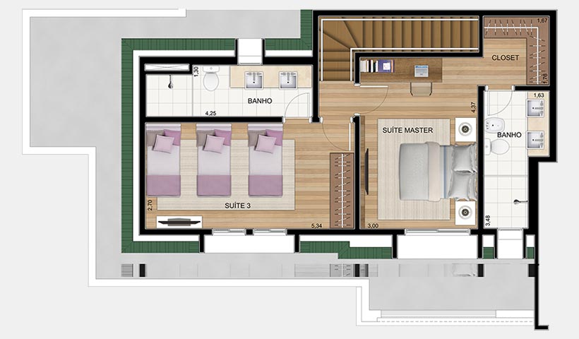 Le Premier Campos do Jordão – Planta superior da penthouse 158 m²