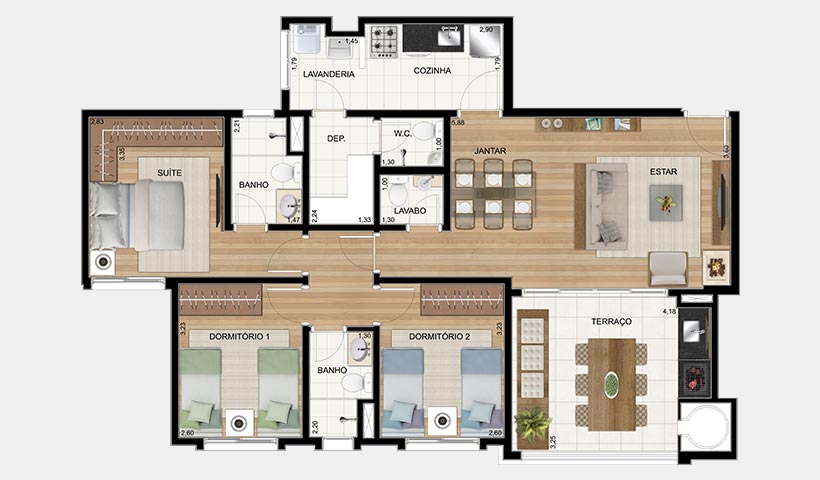 Le Premier Campos do Jordão – Planta 101 m² 3 dorms.