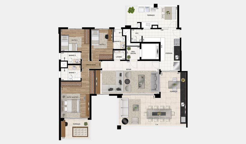 Le Premier Moema – Planta de 172 m² com 3 dorms.