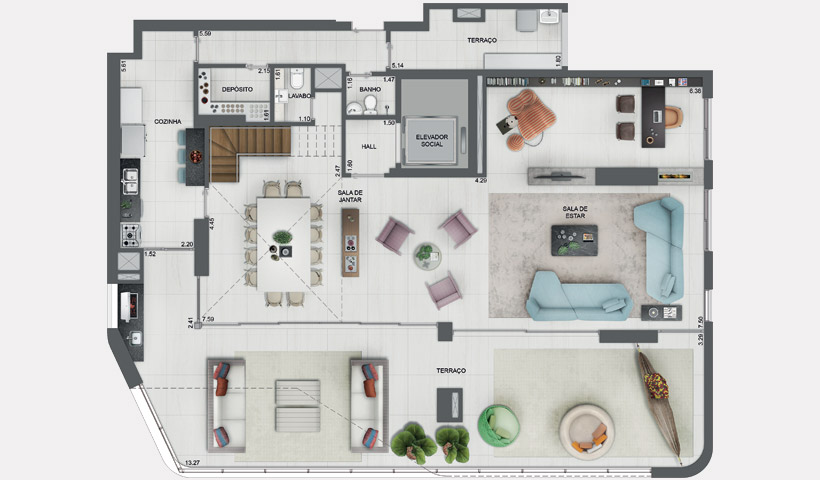 PLANTA INFERIOR DO DUPLEX DE 366 M² COM SUGESTÃO DE DECORAÇÃO