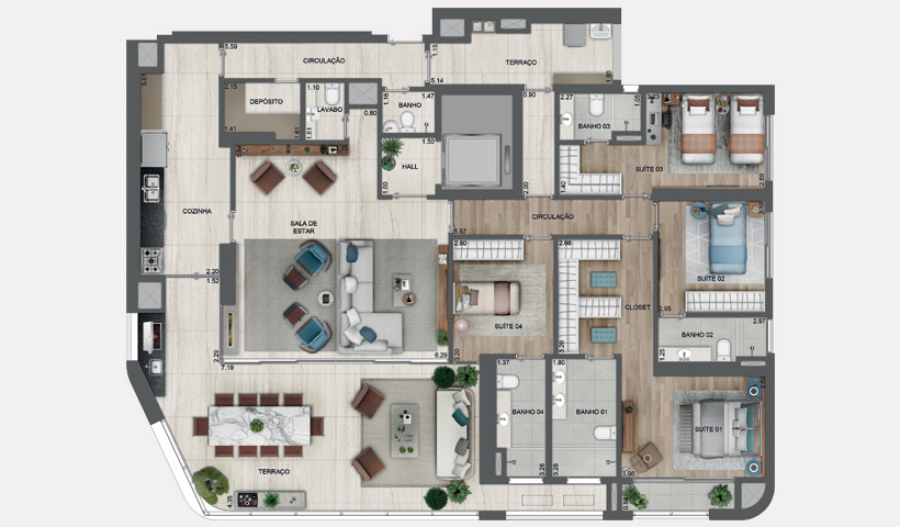 PLANTA TIPO DO APTO. DE 227 M² PRIVATIVOS COM SUGESTÃO DE DECORAÇÃO